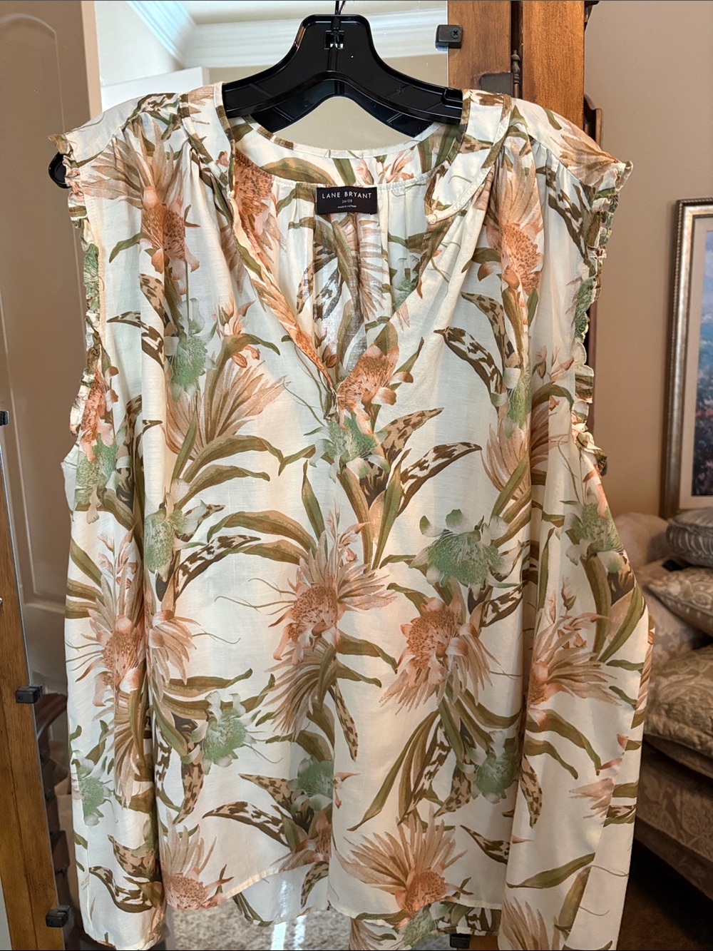 Lane Bryant Cream Floral Cold-Shoulder Blouse with Green & Tan Accents